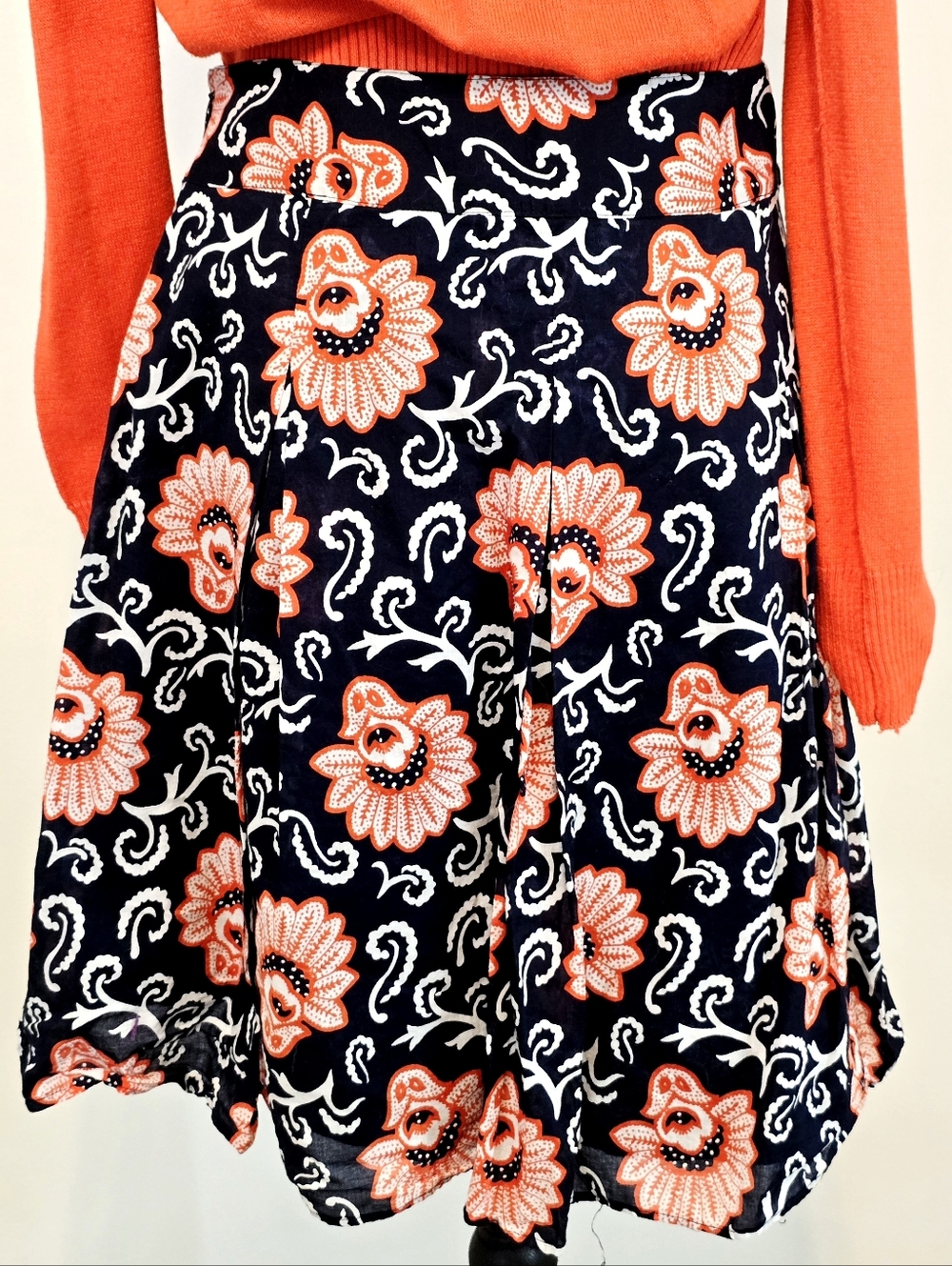Talbots Floral A-Line Skirt Navy Orange White Cotton Preppy Feminine Midi Flowy